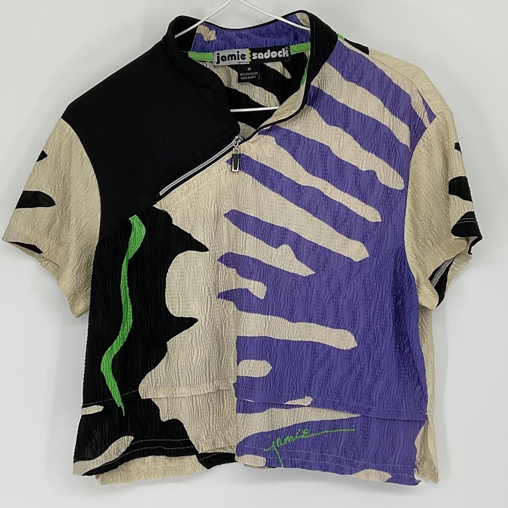 Jamie Sadock Abstract Print Golf Zip Neck Top Short Sleeve Purple Black Tan Sz M